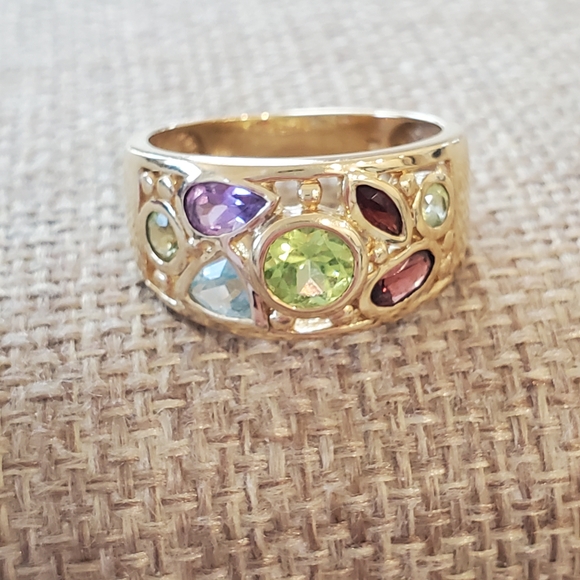 10K Yellow Gold Multi Gemstone Ring Wide Band Peridot Garnet Topaz Amethyst 4g+ - Picture 3 of 13